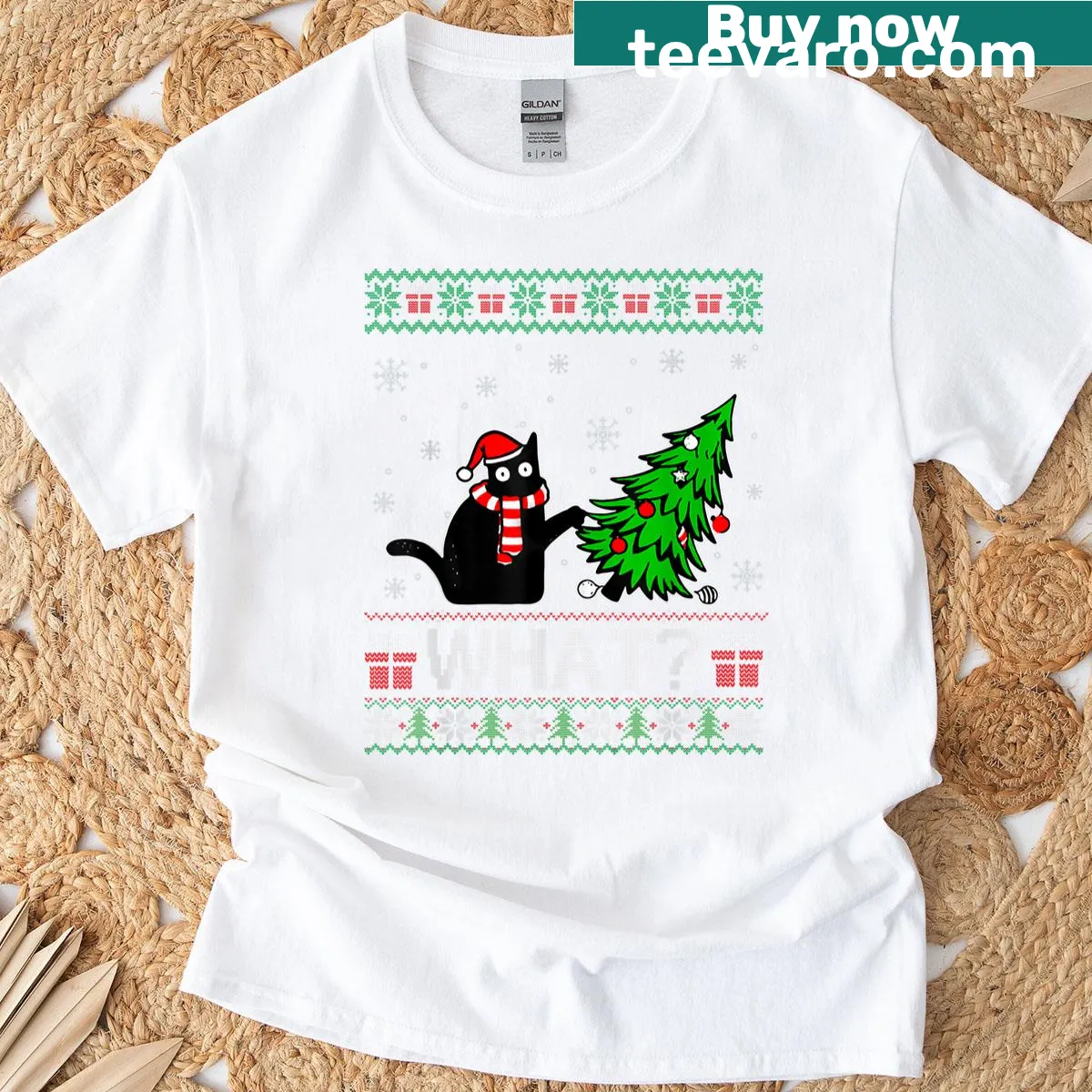 Funny Christmas black cat among trees graphic tee — on a men's t-shirt
