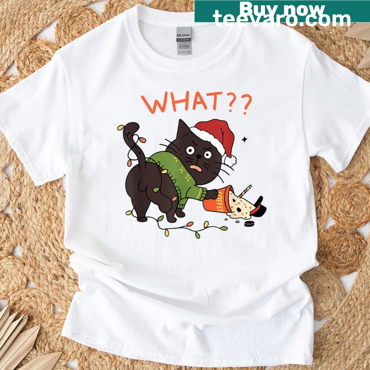 Christmas-themed shirt featuring a humorous black cat graphic. — on a men's t-shirt
