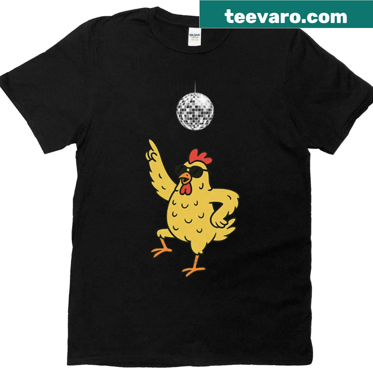 Oversized t-shirt featuring a dancing chicken under a disco ball — on a men's t-shirt