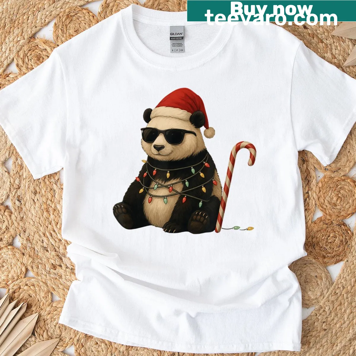Funny panda Christmas t-shirt with festive lights — on a men's t-shirt