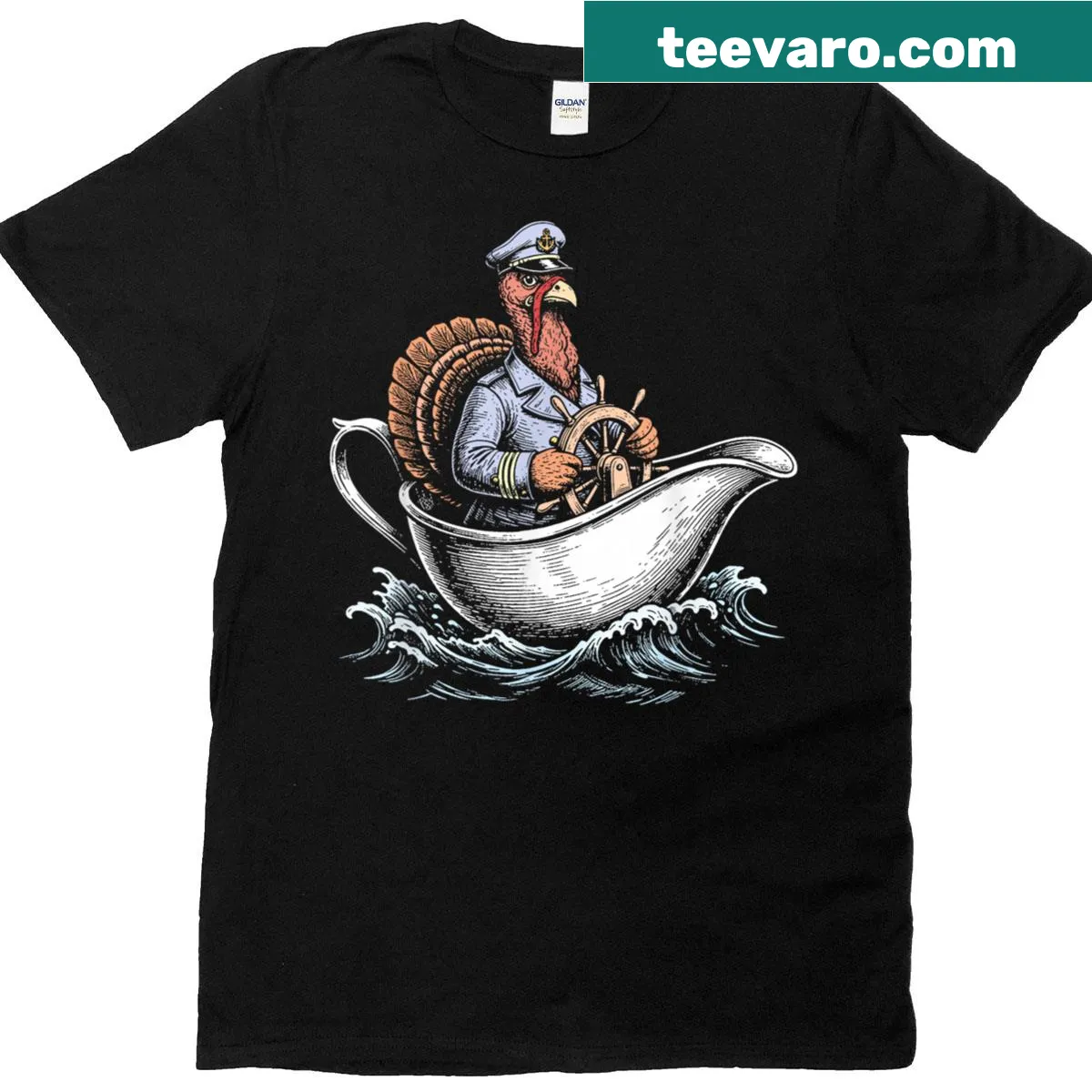 Illustration of a gravy boat captain with a turkey, humorous Thanksgiving design — on a men's t-shirt