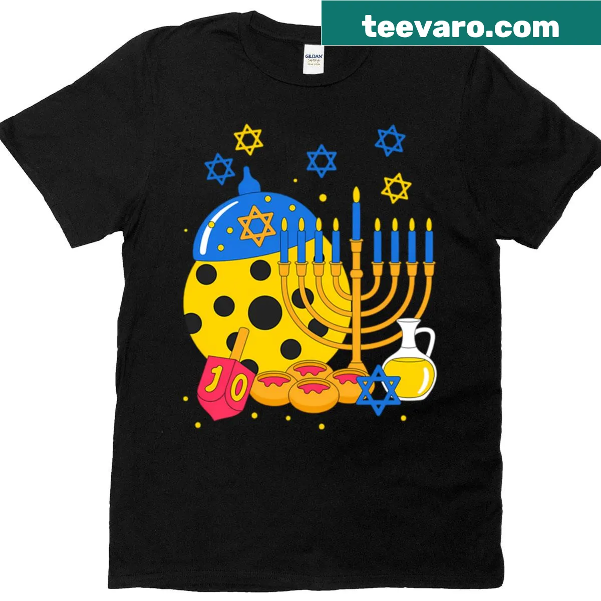 Humorous T-shirt with pickleball and menorah design for Hanukkah — on a men's t-shirt