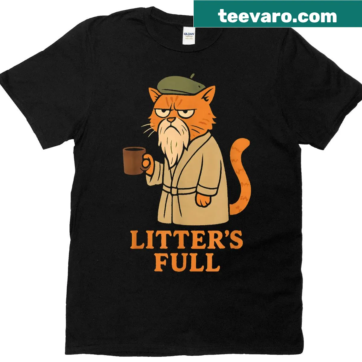 Retro design with humorous cat saying 'Litters Full' — on a men's t-shirt