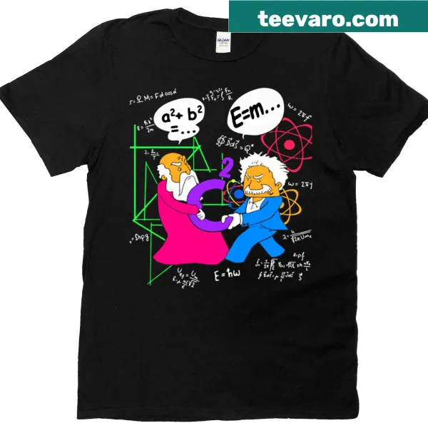 Humorous teacher t-shirt depicting Pythagoras and Einstein debating C Squared