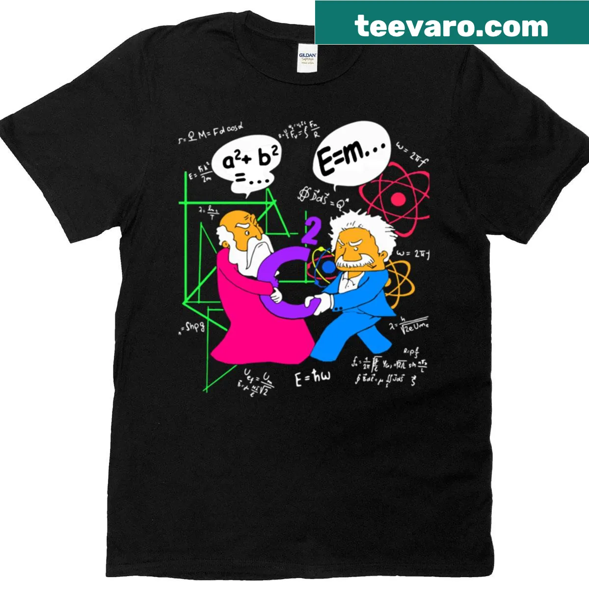 Humorous teacher t-shirt depicting Pythagoras and Einstein debating C Squared — on a men's t-shirt