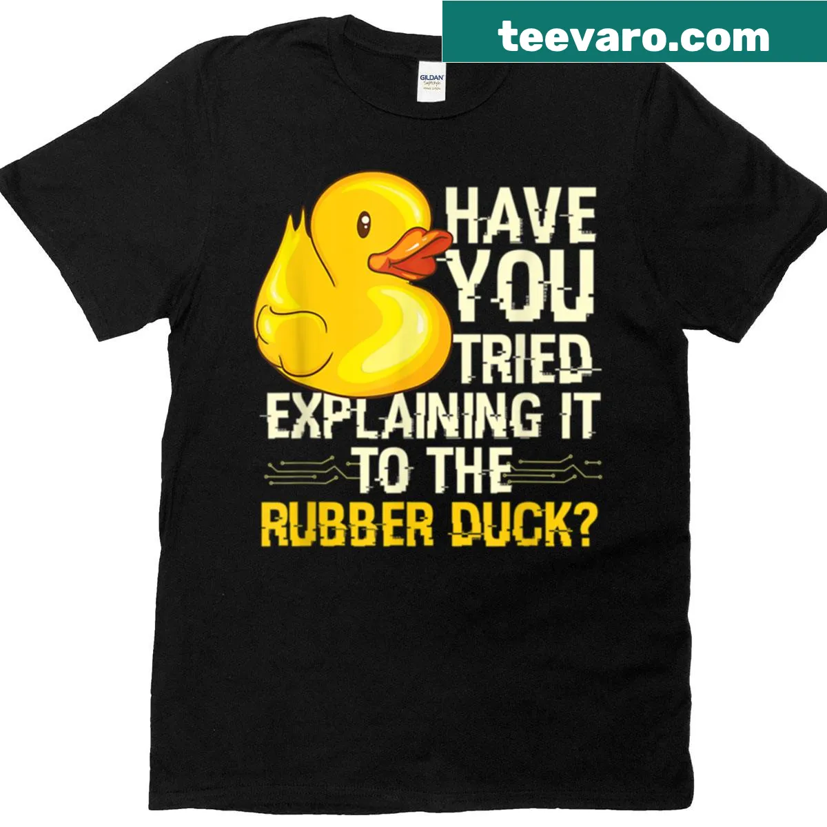 Rubber duck debugging graphic on a funny programmer t-shirt — on a men's t-shirt