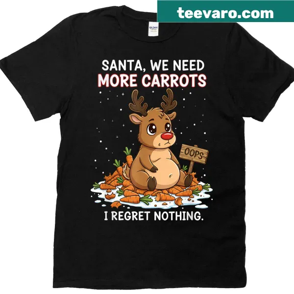 Funny Christmas T-shirt featuring a reindeer hoarding carrots
