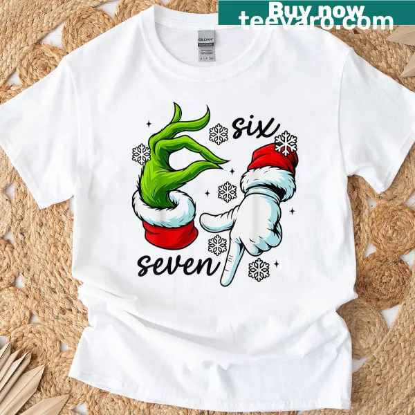Funny Christmas T-shirt with Six Seven meme and elf hand
