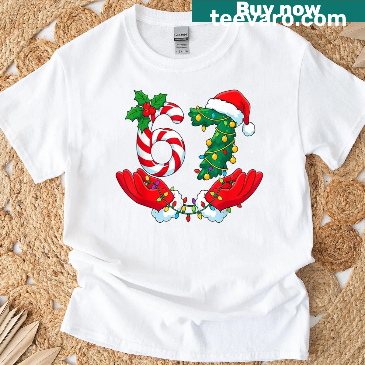 Funny Christmas t-shirt featuring Six Seven meme — on a men's t-shirt