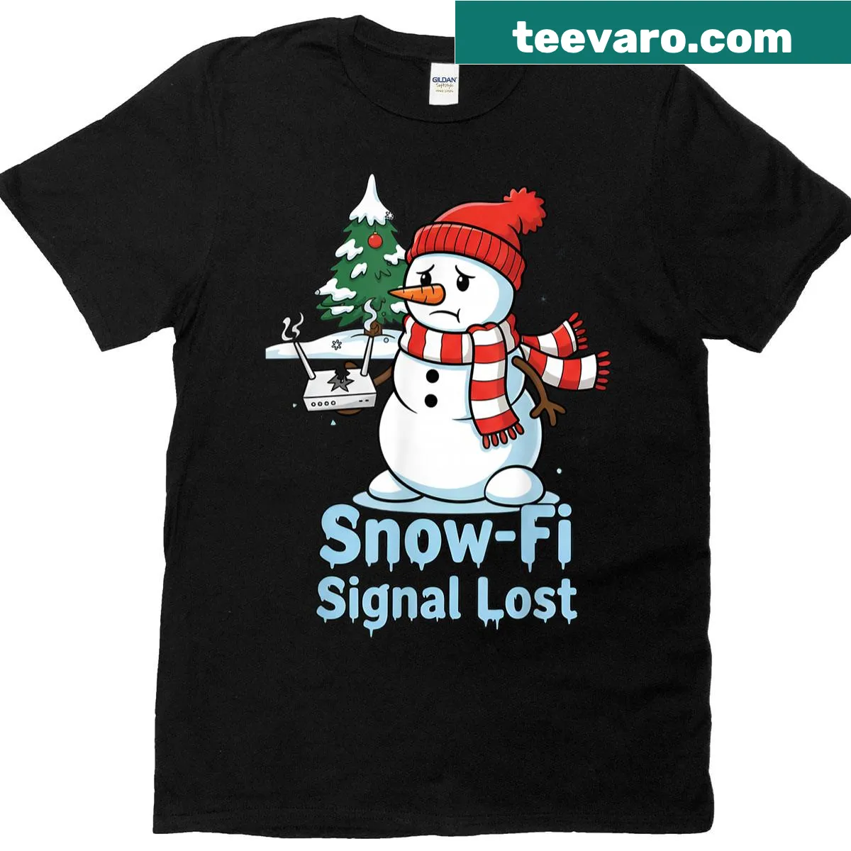Snowman illustration struggling with Wi-Fi signal for a humorous Christmas design — on a men's t-shirt