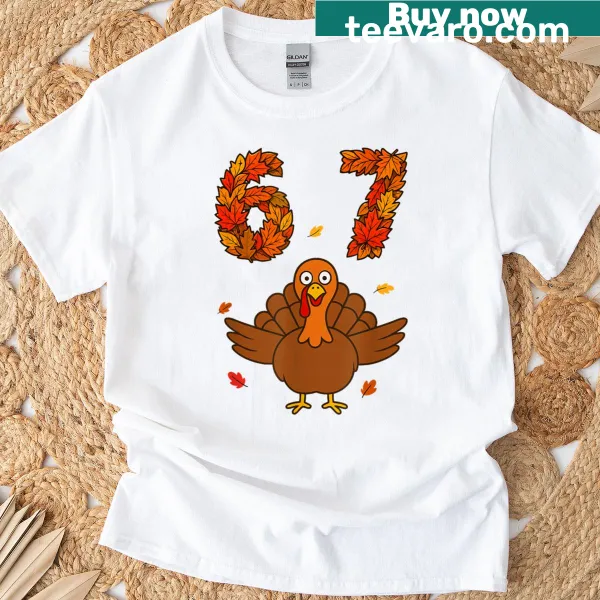 Cartoon turkey with autumn leaves Thanksgiving shirt.