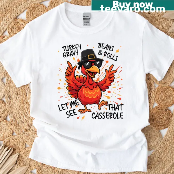 Funny Thanksgiving T-shirt featuring turkey and food design