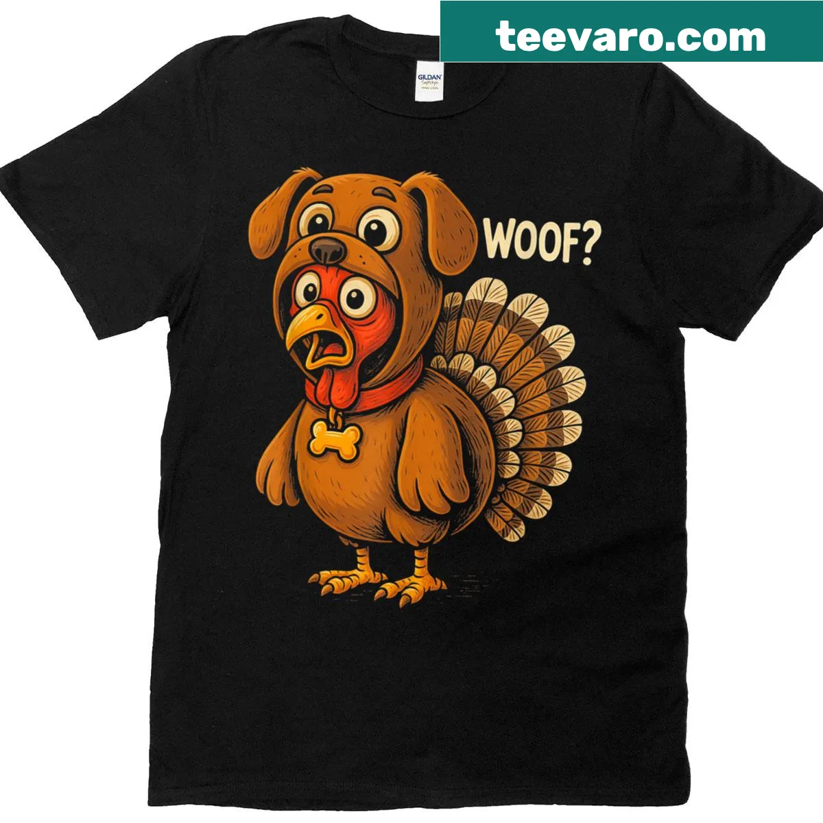 Cartoon turkey in a dog costume for Thanksgiving humor t-shirt — on a men's t-shirt