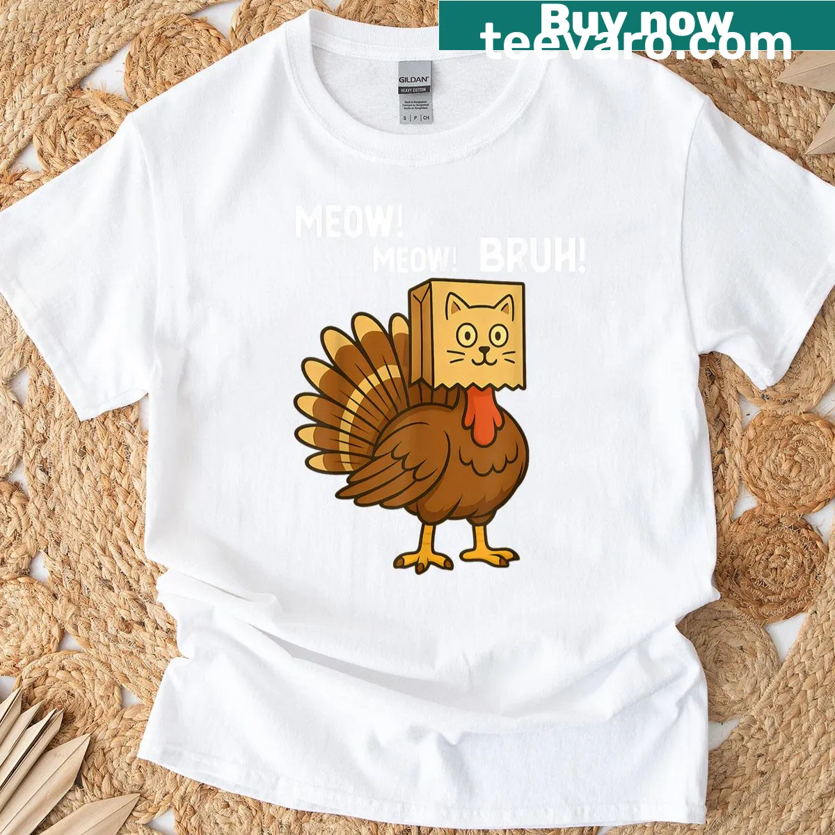 Cartoon turkey with cat meme for Thanksgiving shirt. — on a men's t-shirt