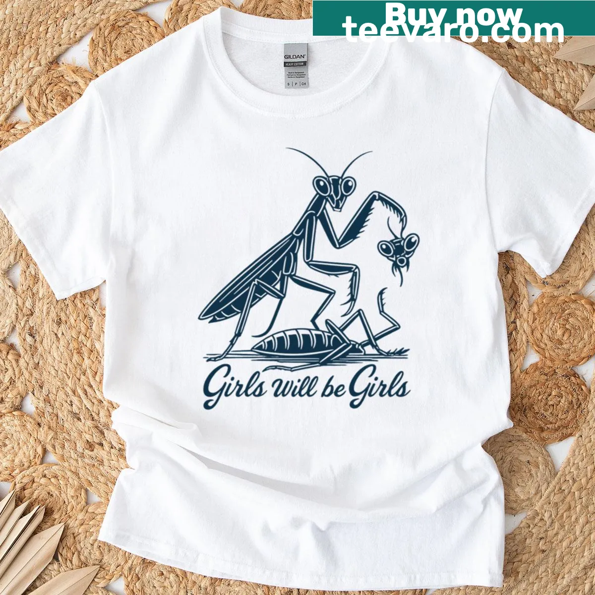 Funny T-shirt with quote 'Girls Will Be Girls' and a praying mantis design. — on a men's t-shirt