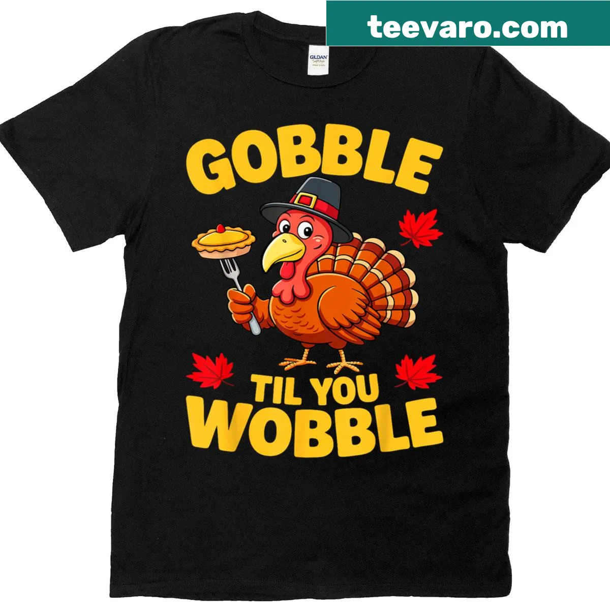 Funny T-shirt with 'Gobble Til You Wobble' design for Thanksgiving — on a men's t-shirt