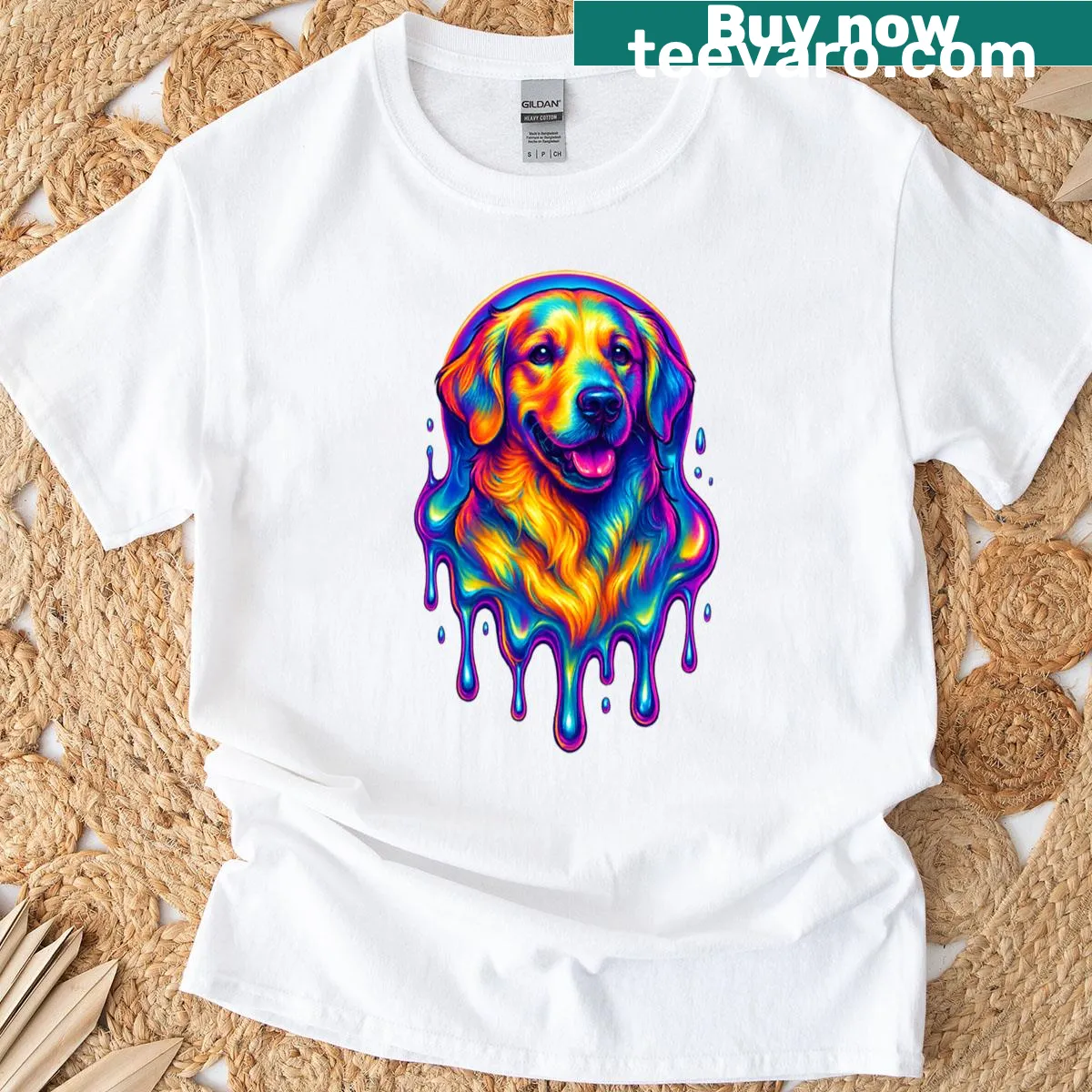 Pop art style Golden Retriever graphic in neon colors — on a men's t-shirt