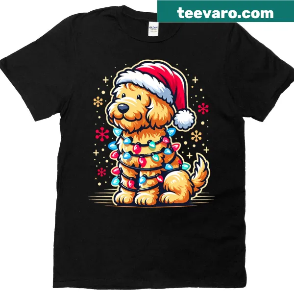 Adorable Goldendoodle Christmas t-shirt featuring a tree and Santa