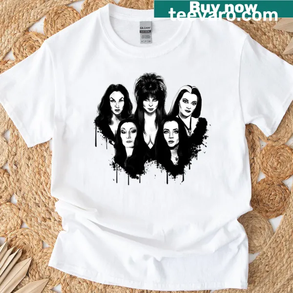 Goth Queens t-shirt featuring Elvira and Morticia illustrations