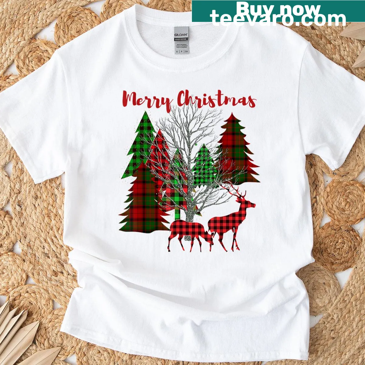 Christmas scene t-shirt with trees and deer illustration — on a men's t-shirt