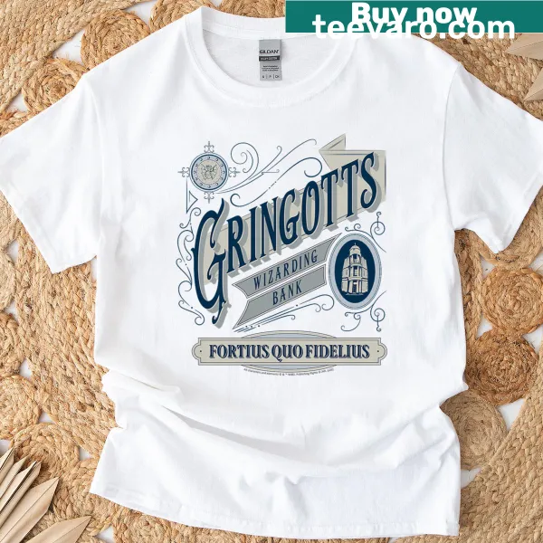 Vintage Gringotts Wizarding Bank T-shirt with magical text design.