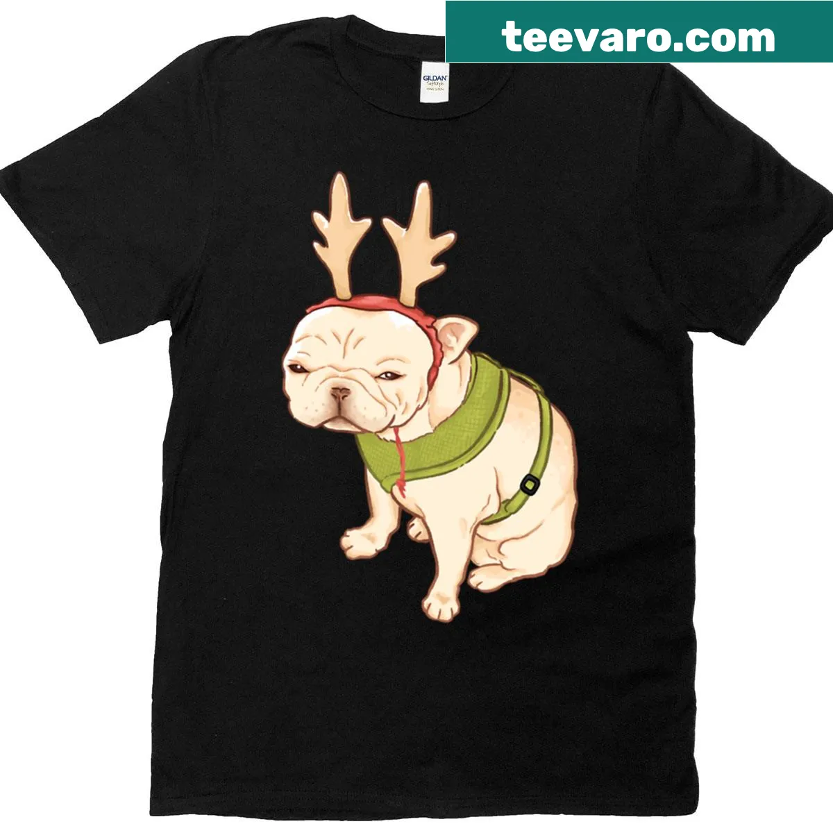 Cartoon of a grumpy French bulldog as a reindeer — on a men's t-shirt