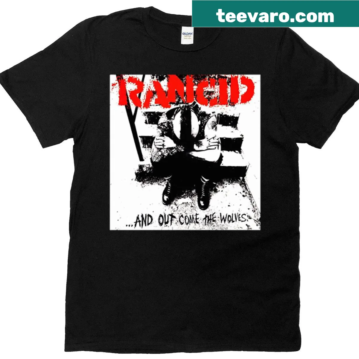 Grunge style T-shirt featuring punk logo art — on a men's t-shirt