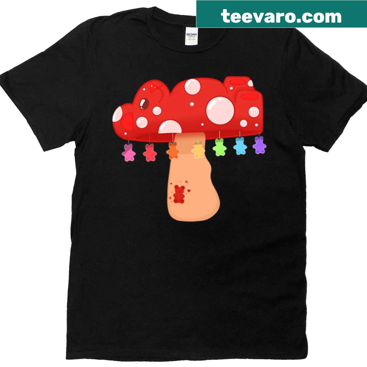 Cartoon gummy bears and mushrooms T-shirt — on a men's t-shirt