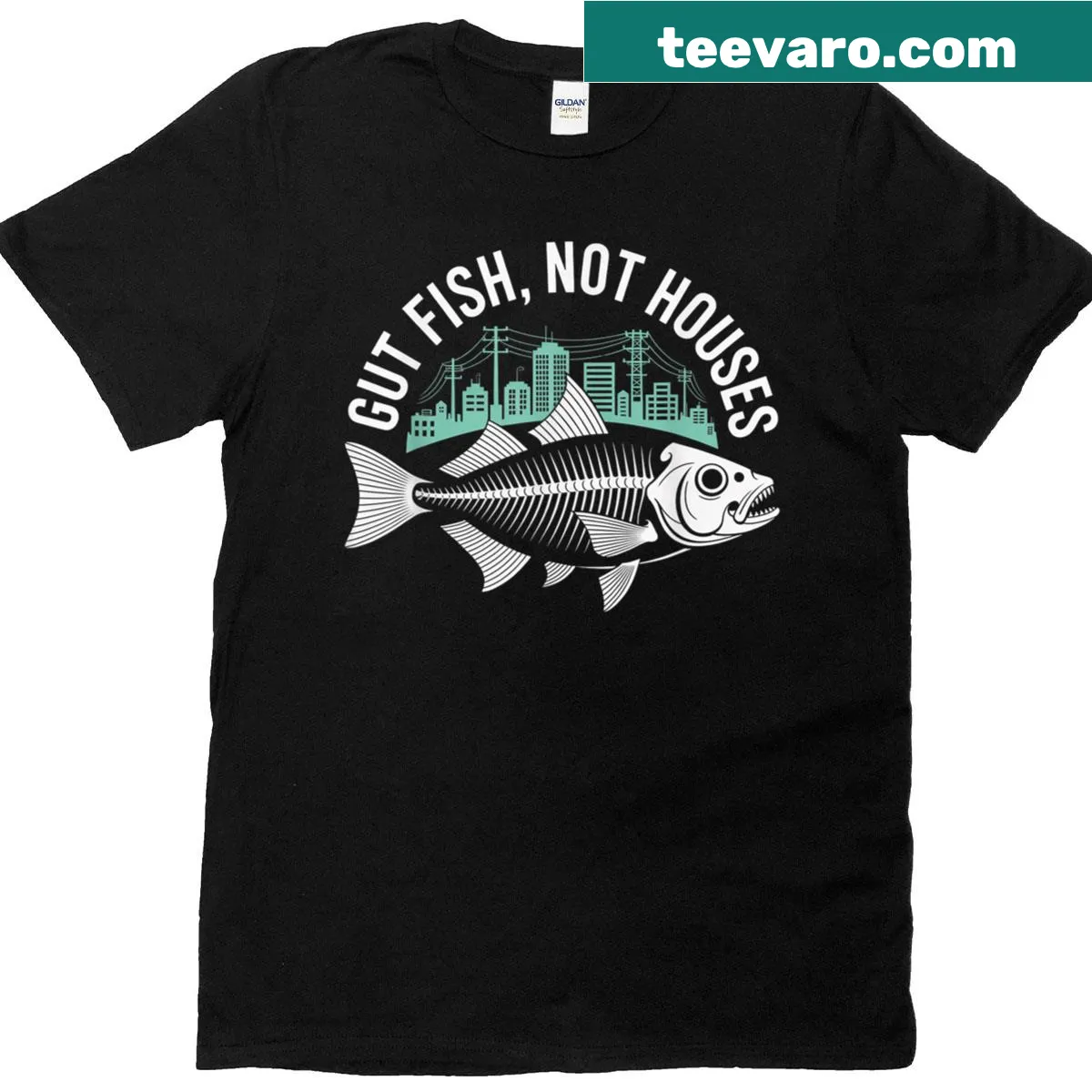 Funny fishing humor t-shirt with 'Gut Fish Not Houses' text — on a men's t-shirt
