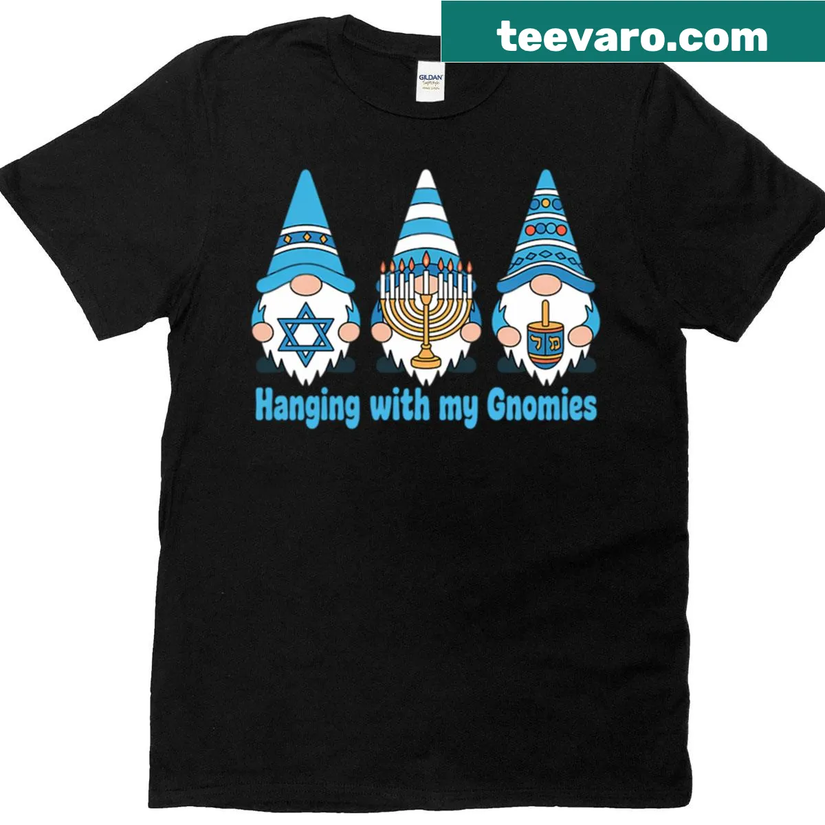 Playful Nordic gnomes graphic on Hanukkah t-shirt — on a men's t-shirt