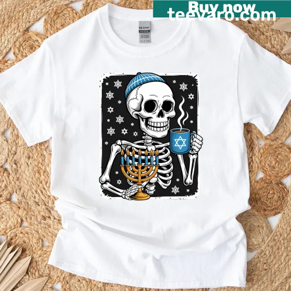 Lighthearted Hanukkah T-shirt featuring a skeleton with coffee and Chanukah symbols