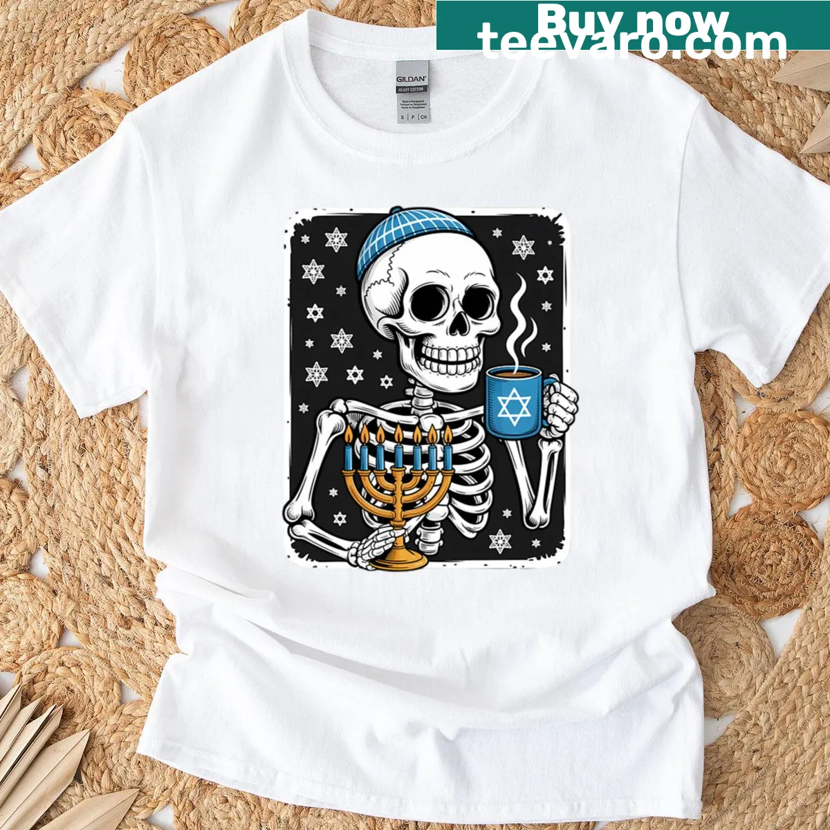 Lighthearted Hanukkah T-shirt featuring a skeleton with coffee and Chanukah symbols — on a men's t-shirt