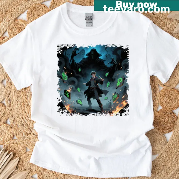 Harry Potter themed T-shirt featuring a graphic of Harry against dark forces