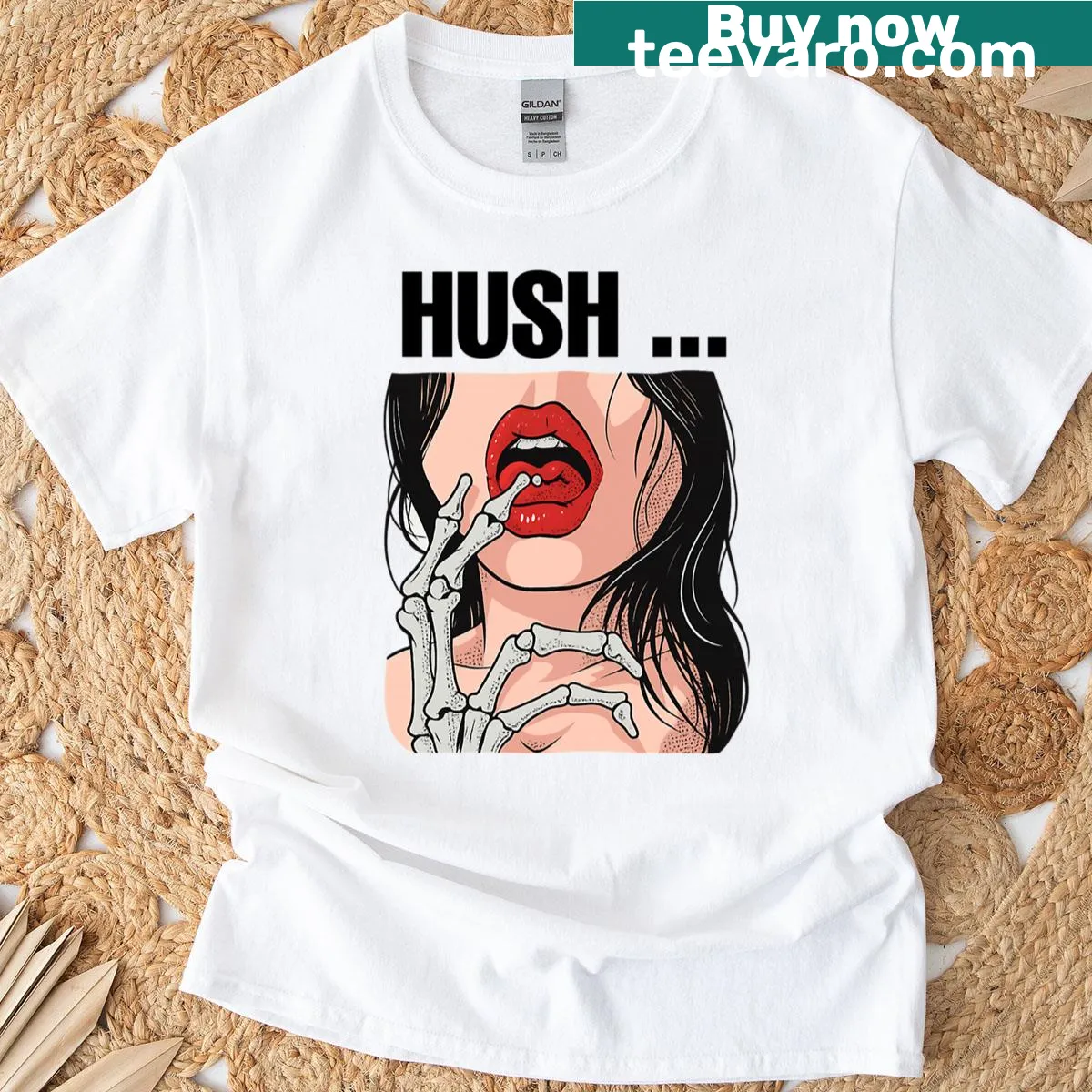 Pop art design of a skeleton with text Hush Skeleton Seduction — on a men's t-shirt