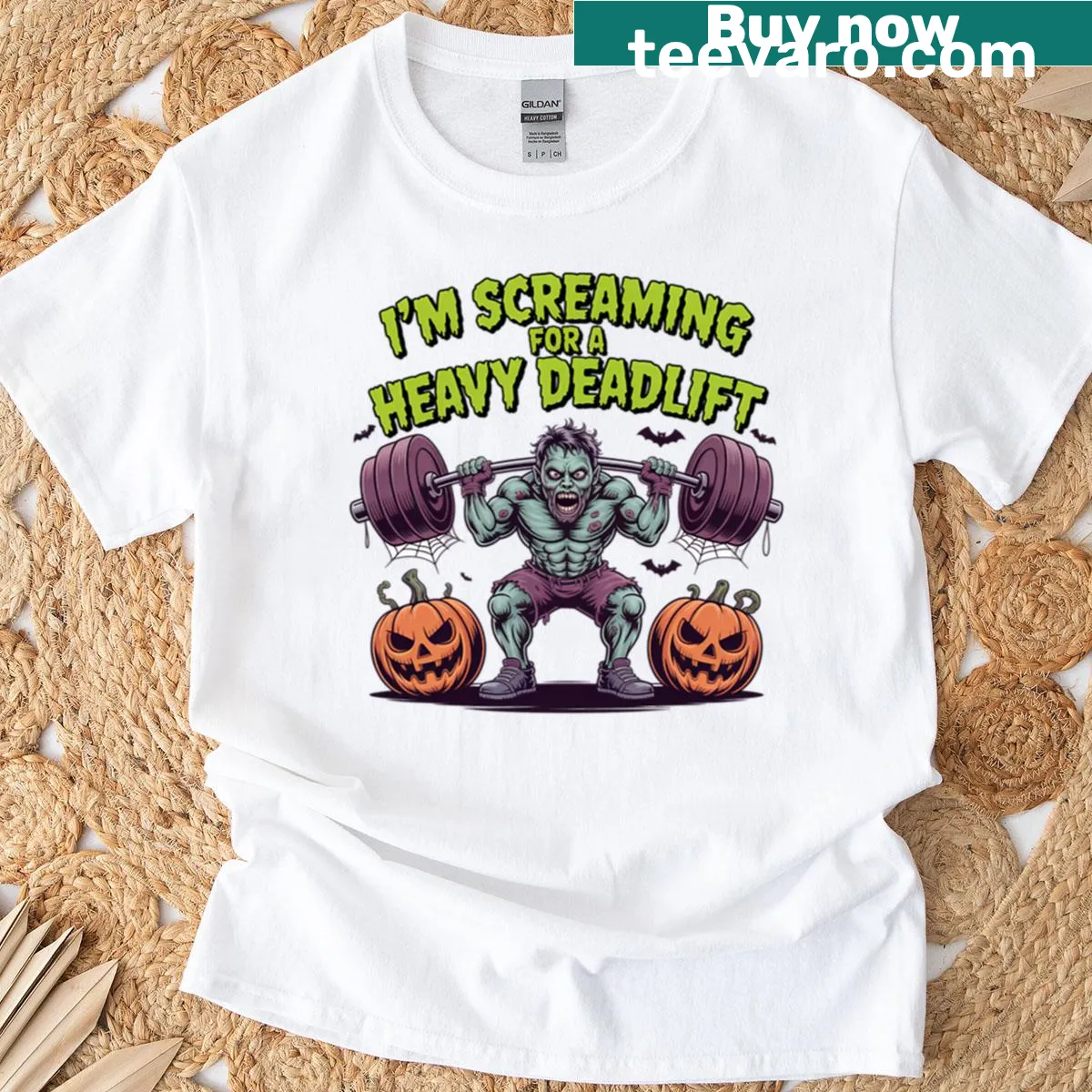 Funny Halloween-themed gym shirt with a cartoon zombie screaming for a deadlift — on a men's t-shirt
