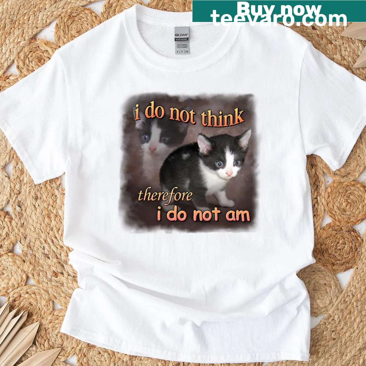 Cat meme portrait T-shirt with humorous text — on a men's t-shirt