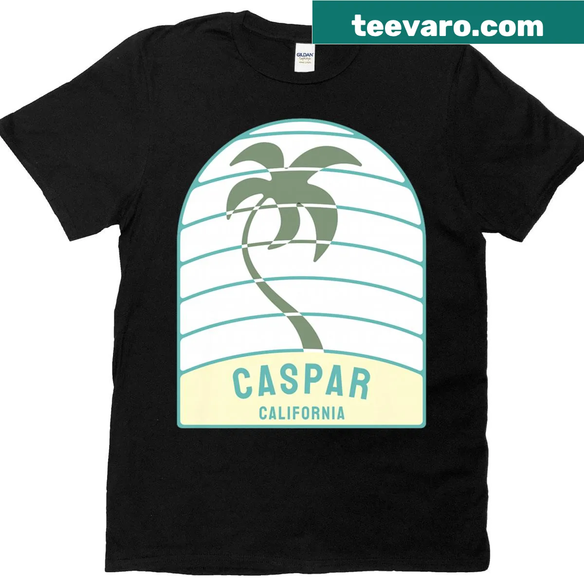 Caspar Beach California t-shirt with palm tree design — on a men's t-shirt