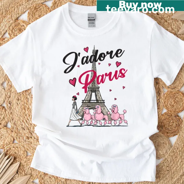 Woman walking poodles by Eiffel Tower illustration on t-shirt