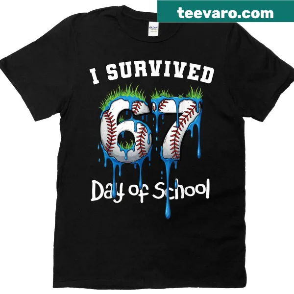 Funny teacher shirt celebrating surviving 67 days of school with a quirky design