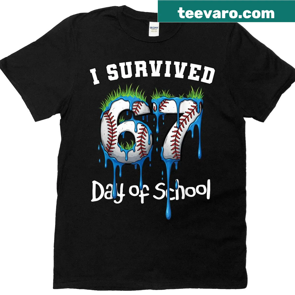 Funny teacher shirt celebrating surviving 67 days of school with a quirky design — on a men's t-shirt