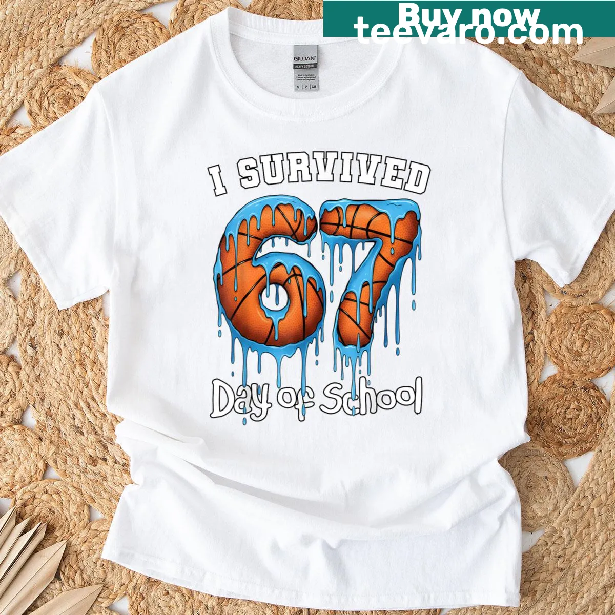 Humorous teacher shirt with the phrase 'I Survived 67 Days Of School' in sporty style — on a men's t-shirt