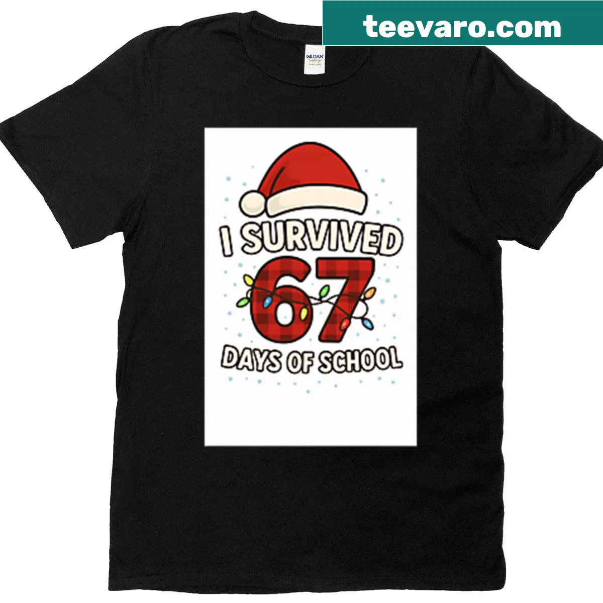 Humorous Christmas t-shirt with Santa hat celebrating school survival — on a men's t-shirt