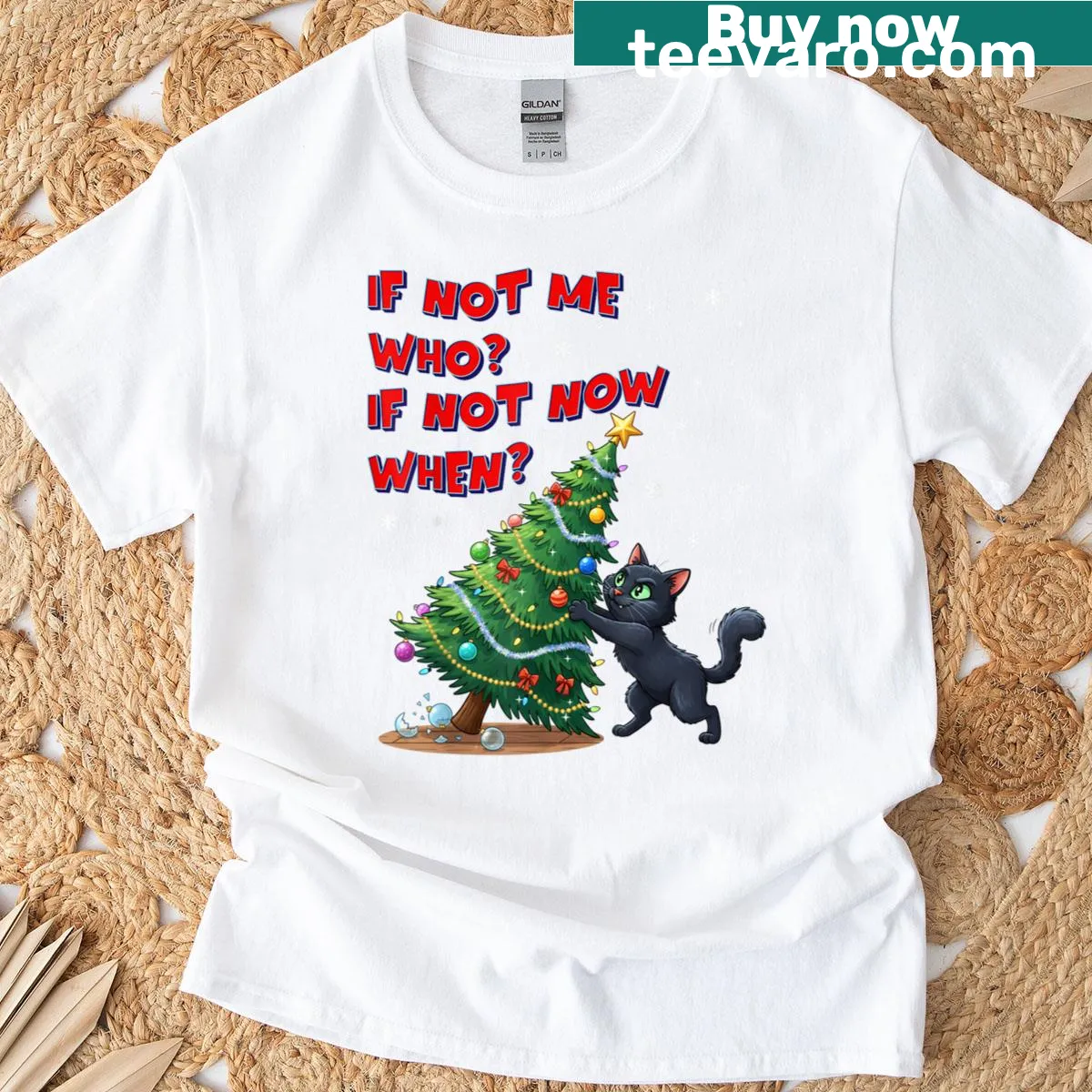 Funny cartoon of a black cat pushing over a Christmas tree on t-shirt — on a men's t-shirt