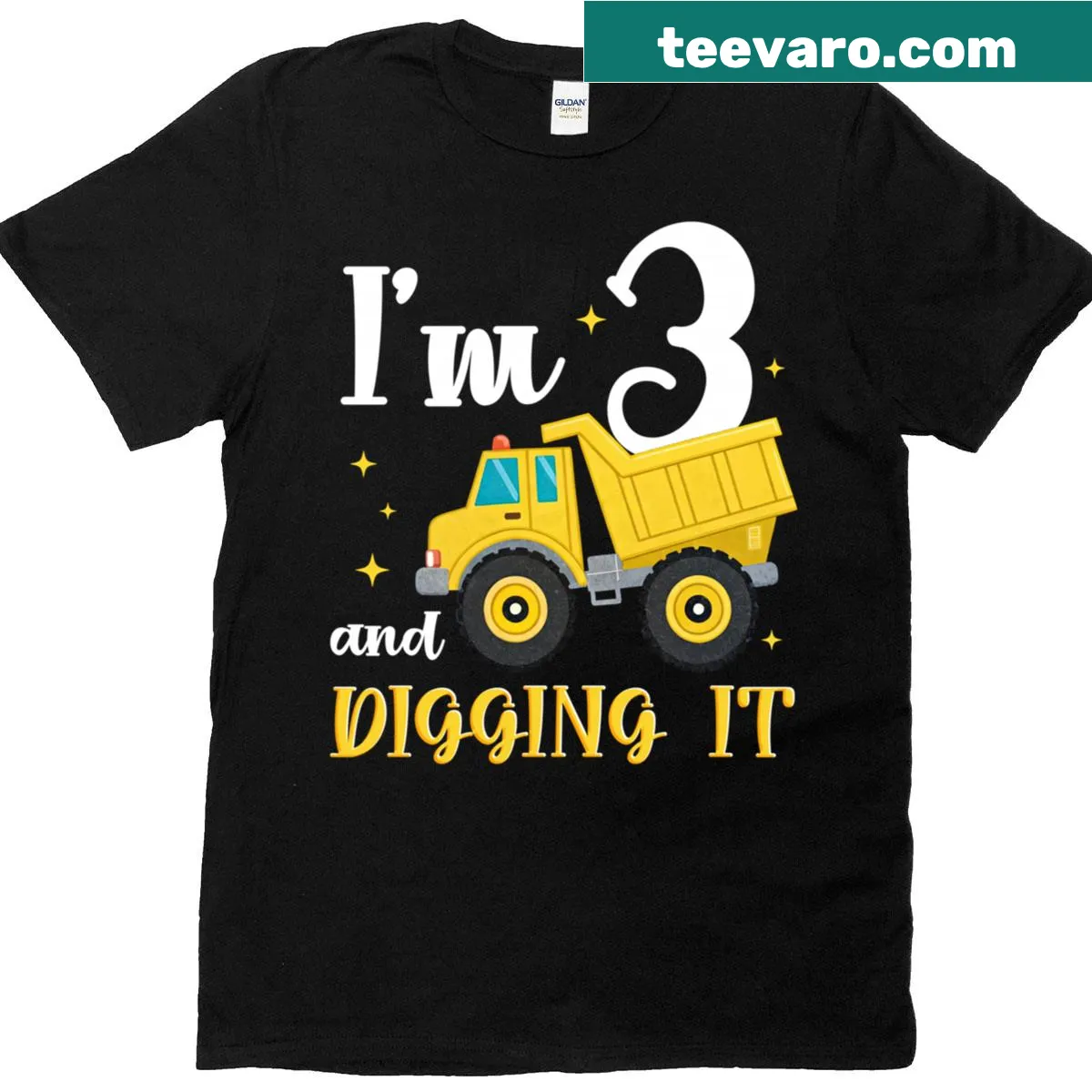 Cartoon construction-themed birthday t-shirt for a 3-year-old — on a men's t-shirt