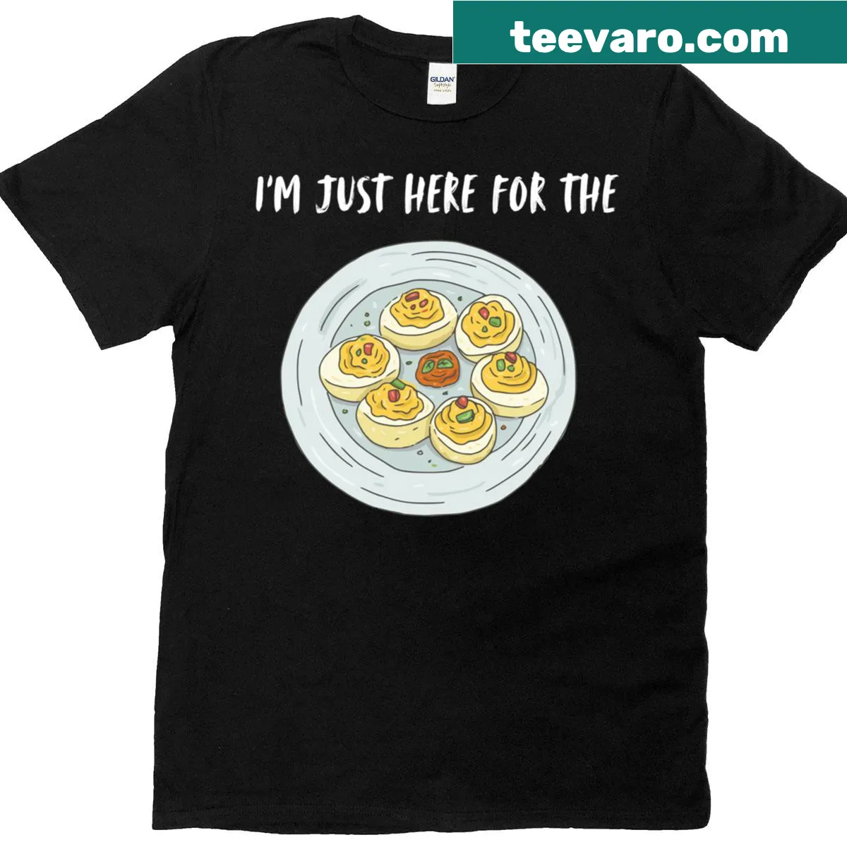 Funny Thanksgiving shirt with text about being here for deviled eggs — on a men's t-shirt