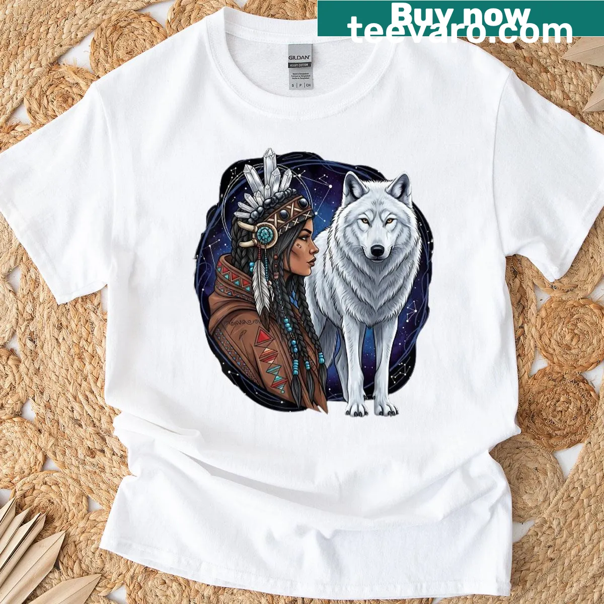 Graphic T-shirt featuring a Native American woman and a white wolf — on a men's t-shirt