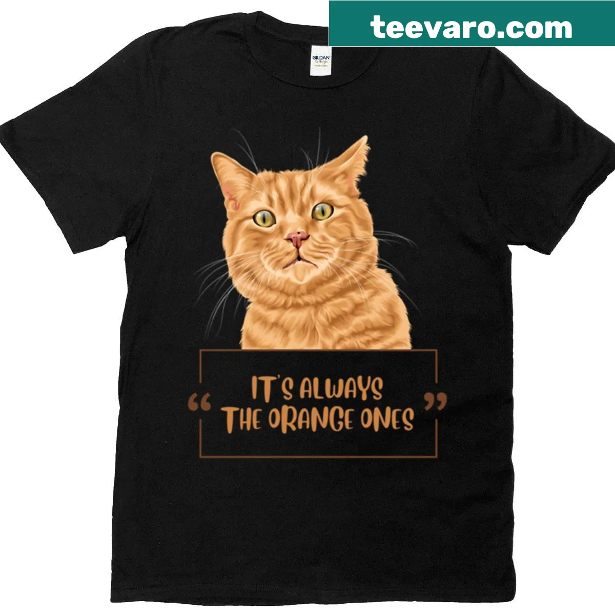 T-shirt featuring humorous text about orange cats — on a men's t-shirt