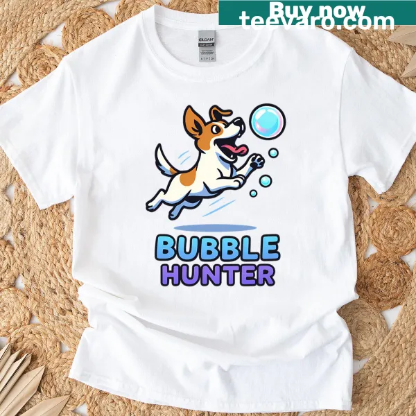 Illustration of a Jack Russell Terrier chasing bubbles on a t-shirt