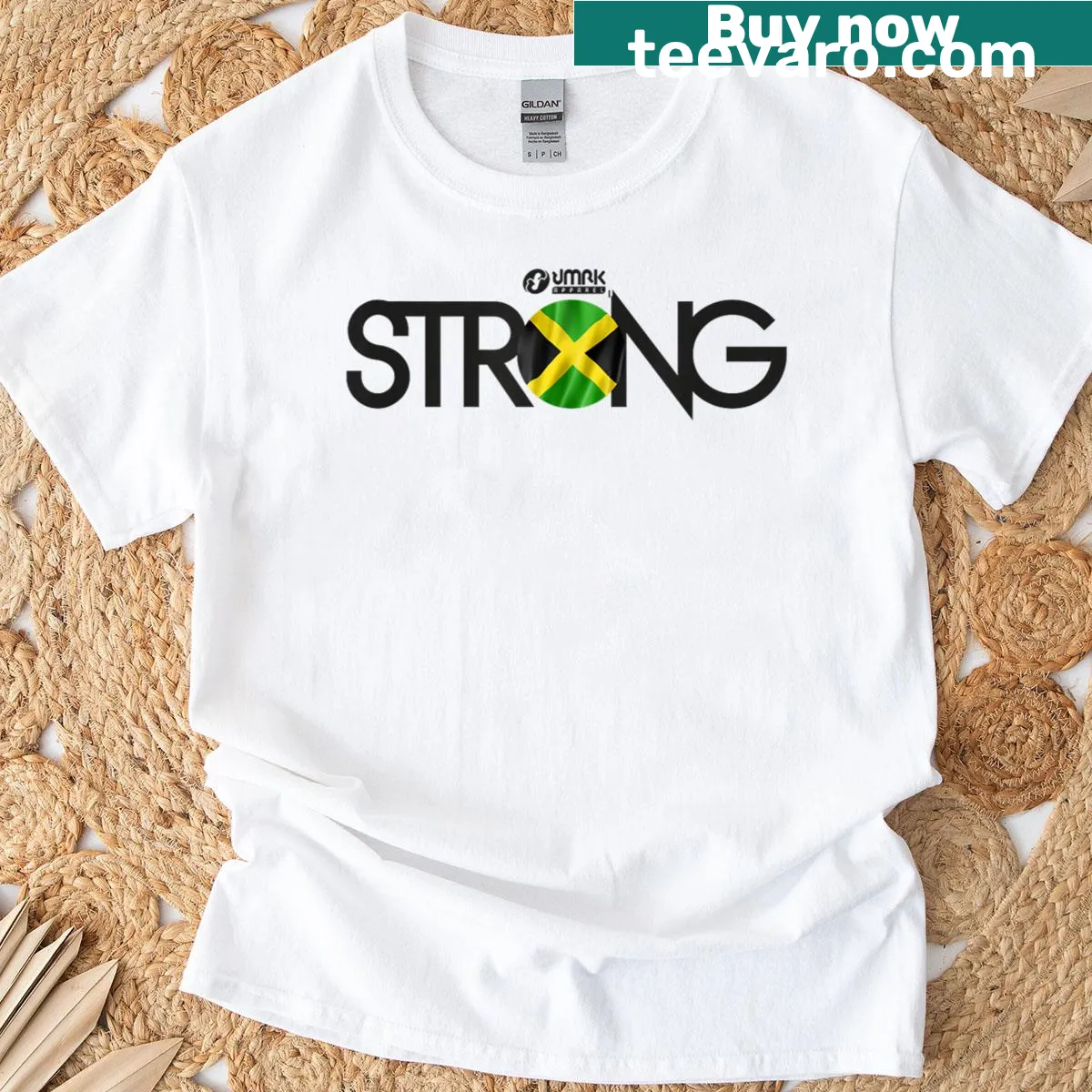 Inspirational Jamaica Strong tee with unity message — on a men's t-shirt