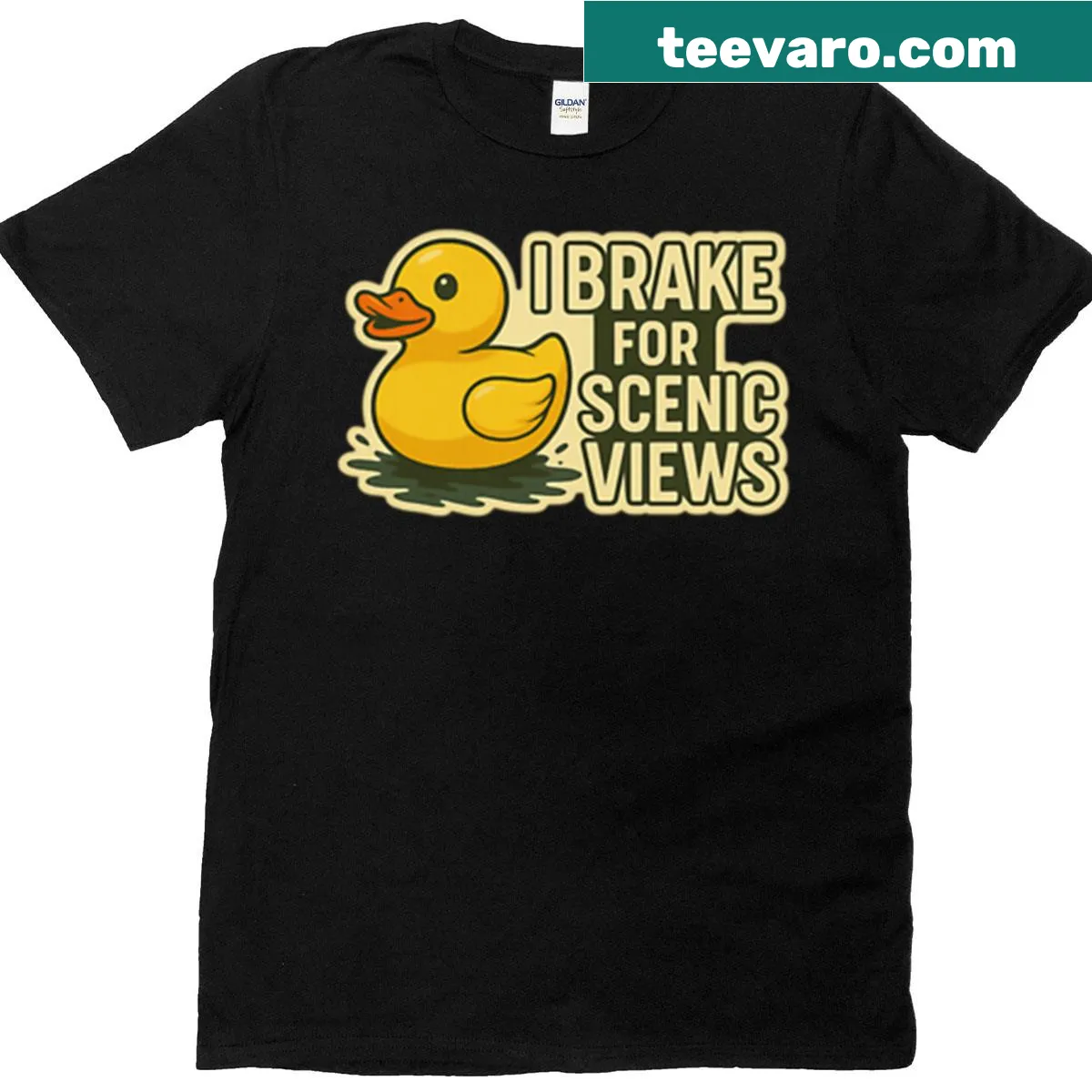 Playful T-shirt featuring a cartoon jeep and duck design — on a men's t-shirt